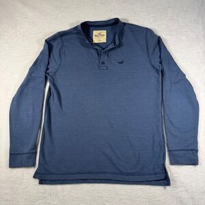 Hollister Henley Shirt Mens Medium Blue Long Sleeve Logo Band Collar